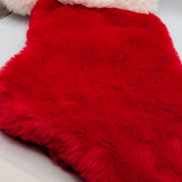 Large Red Faux Fur Christmas Stocking with White Trim and Pom Poms - Picture 3 of 10